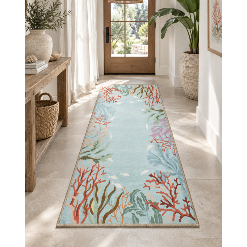 Lio Blue Floral Washable Indoor/Outdoor Area Rug, Rectangle 5' x 7'