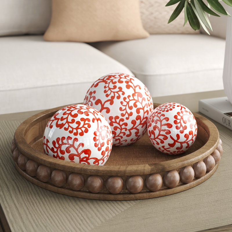Traditional Ceramic Decorative Orbs Set of 3 - 6" x 6" x 6", White/Red, Solid