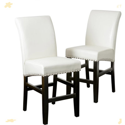 Contemporary leather counter stools,Ivory dining chairs with nail-head decoration (Set of 2),25 inches upholstered dining chairs suitable for Kitchen/Bedroom/Dining Room.