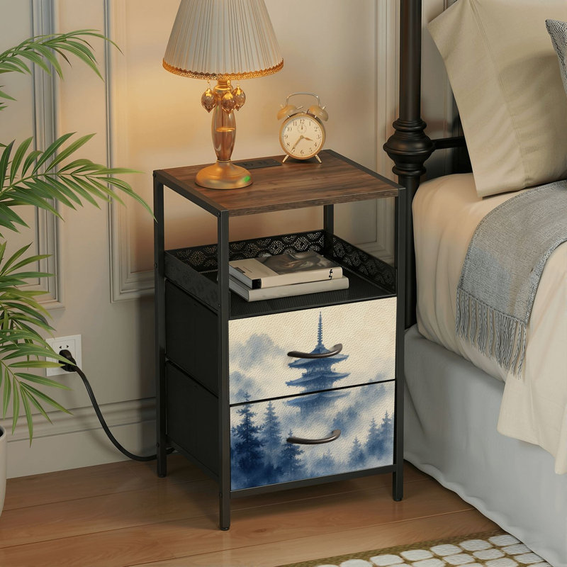 Table de chevet 2 tiroirs avec station de charge, table de chevet pour chambre avec ports USB et amp; Table de chevet noire Outlet