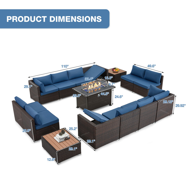 12 - Person Outdoor Wicker Patio Conversation Furniture Set with Fire Pit Table, Blue