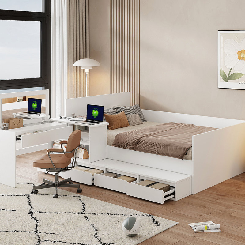 Lit plateforme blanc avec coiffeuse et tablette, 4 tiroirs pour rangement de vêtements, 6 tiroirs, bureau de coiffeuse, grand espace de travail pour le maquillage