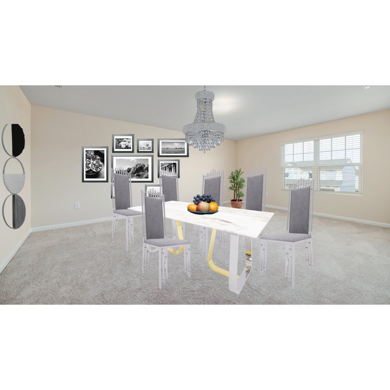 Ensemble de table de salle à manger en marbre crème Maribeth Luxury avec 6 chaises de 47 po et base en acier inoxydable de couleur or