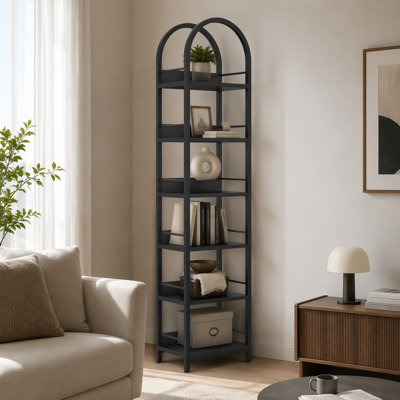 Six Tier Arched Corner Bookshelf with Narrow Design for Vertical Storage and Modern Home Display