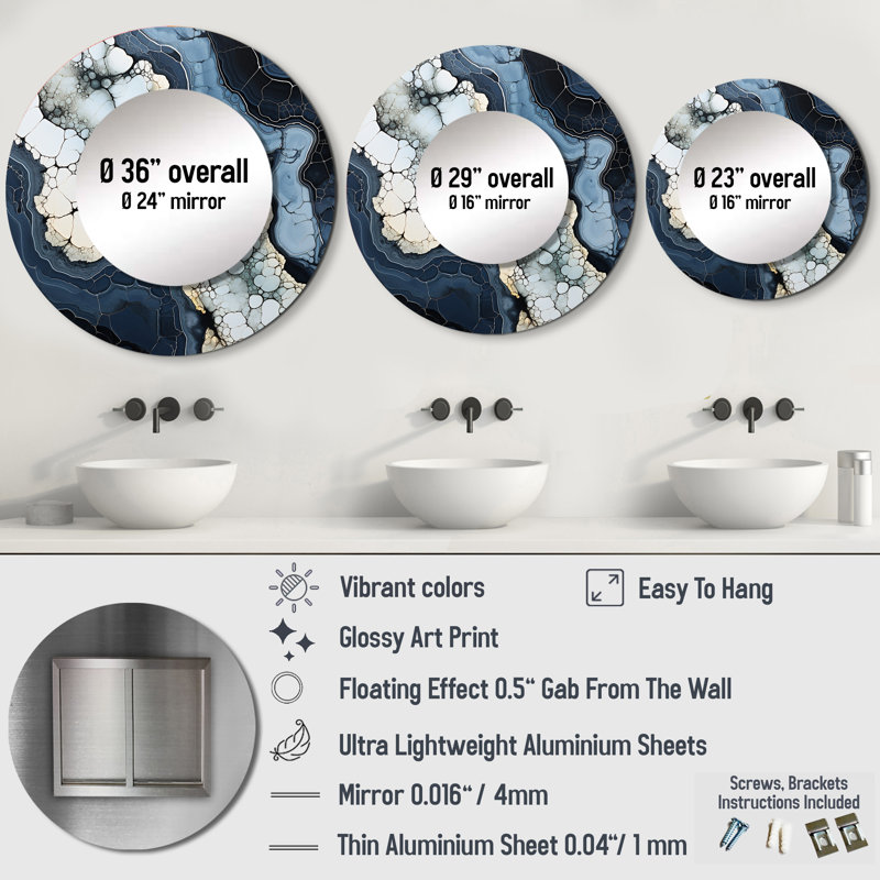 Blue Stone Geode Minimalism - Spiritual Stone Large Mirror, Traditional Round Unique Wall Mirror Decor, Printed Metal Art
