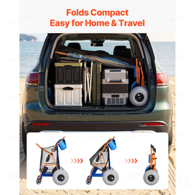 Beach Cart with Large Wheels for Sand, 165 lbs Load Capacity, Heavy Duty Folding Beach Wagon with 12" Balloon Wheels, Insulated Cooler Bag, Umbrella Holder, Holds 4 Chairs for Camping & Fishing