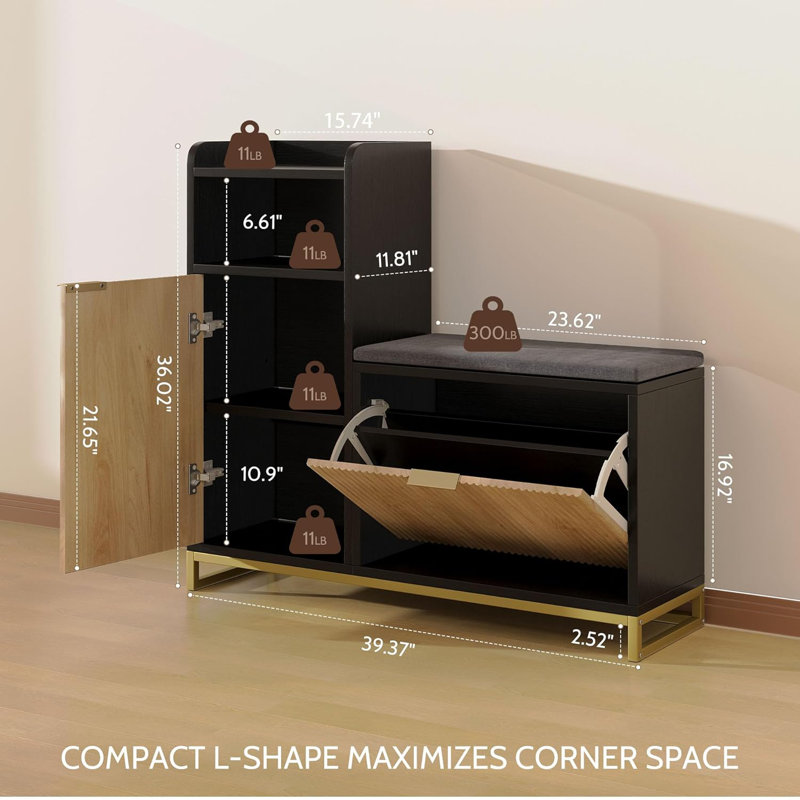 39" L-shaped Shoe Storage Bench With Adjustable Shelves & 2 Flip Drawers, Black