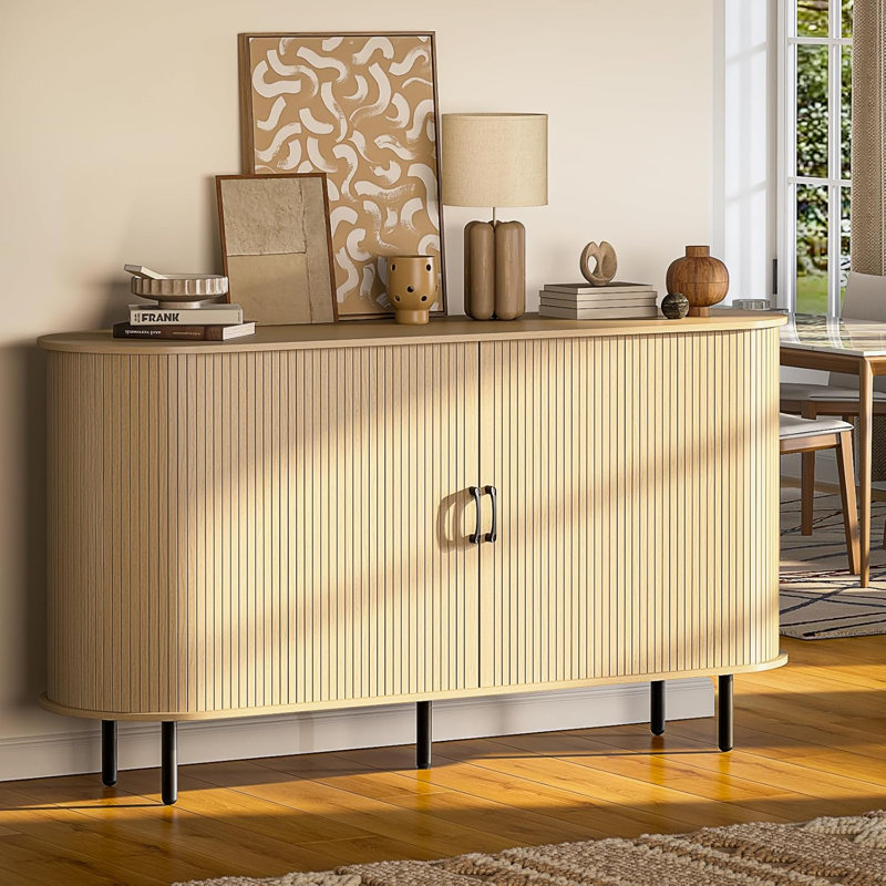 55" Wood Buffet Sideboard Cabinet With Storage, Mid-century Modern Coffee Bar Cabinet With Sliding Doors & Shelves, Accent Credenza Console Table For Kitchen, Dining Room, Entryway (oak)