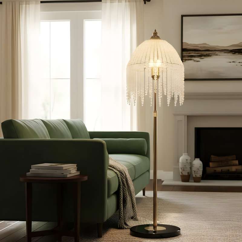 Three-Light Elegant Crystal Floor Lamp—Vintage waterfall design, layered crystal bead strands paired with a marble-patterned base, suitable for decorating living rooms, bedrooms, or offices (bulbs sold separately)