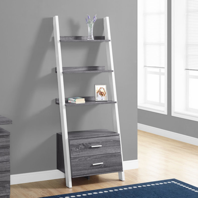 Bibliothèque, bibliothèque, étagère, échelle, 4 niveaux, H 69 po, bureau, chambre à coucher, stratifié gris