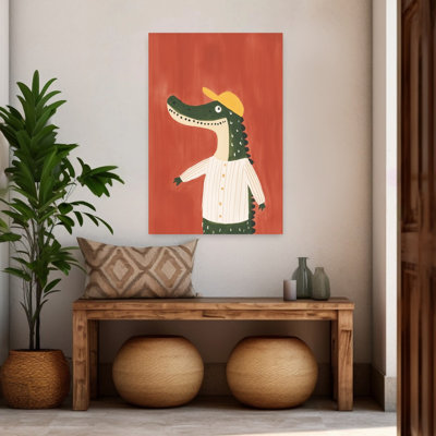 Playful Gator In Cap Playful Whimsical Contemporary Alligator Wall Art Print 1 Piece Wrapped Canvas Wall Art