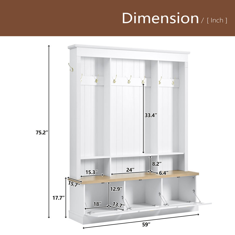 Elegant APP Controlled LED Light Hall Tree With 9 Hooks, Roman Column Design Natural Storage Bench With 3 Large Cabinets, Farmhouse Entryway Organizer With Shelves For Hallway