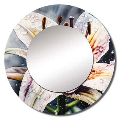 Radney White Lily Serenade - Lily Decorative Mirror, Modern Round Wall Mirror, Printed Metal Art
