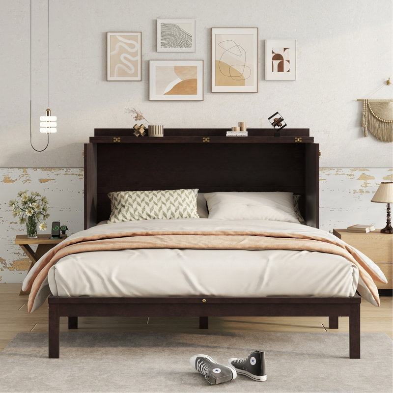 Grand lit escamotable, armoire-lit en bois de pin avec centrale électrique et panneau de décoration en rotin, espresso