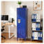 Armoire-penderie métallique de 140 cm de haut, en acier bleu, avec porte ventilée, serrure et crochets latéraux.