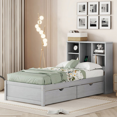Base de lit plateforme avec port USB, tête de lit bibliothèque et 2 tiroirs pour la chambre à coucher