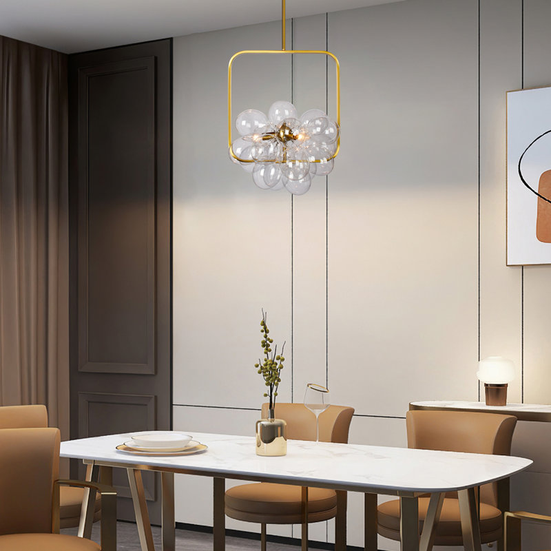 Modern Dimmable Glass Bubble Sphere Chandelier, Dia 15", Clear, Gold