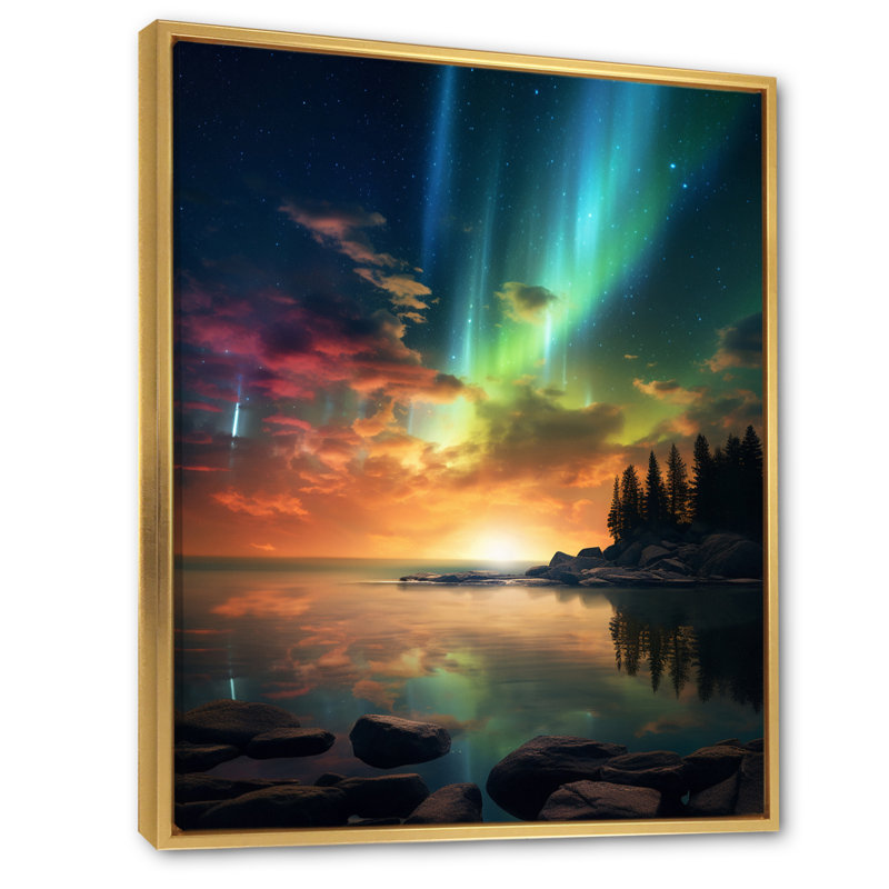 «Magical Aurora Borealis Artic Lake Serenity» sur impression sur toile, 44" H x 34" W, Cadre flottant doré