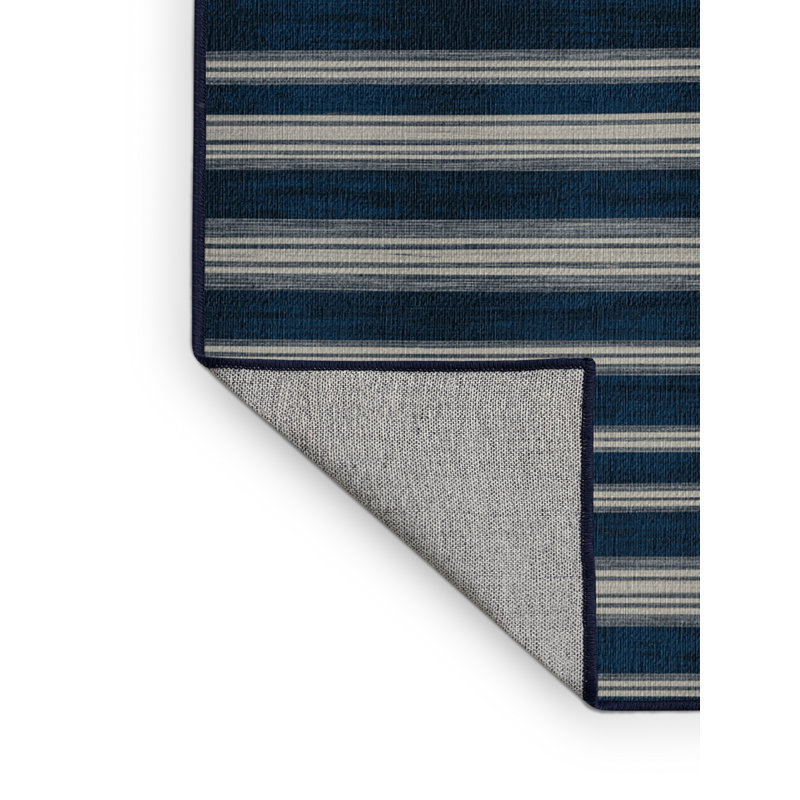 Washable Indigo Light Gray Striped Area Rug, Square 3'
