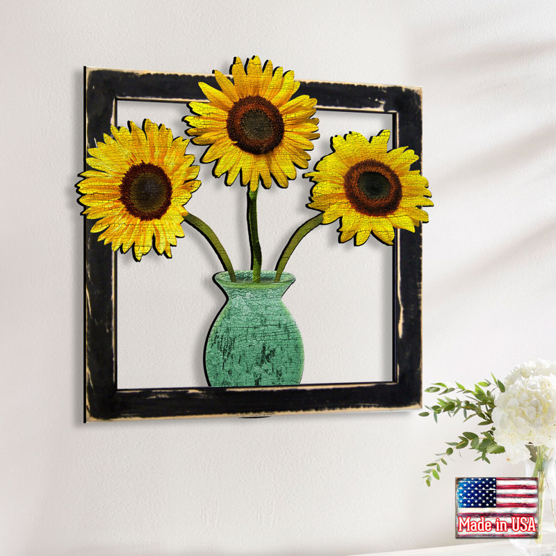 Décoration murale fleurs en bois à cadre, H 20 po x l 20 po x P 2 po