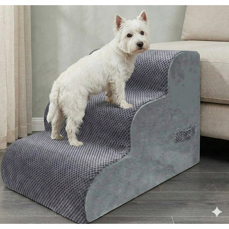 Pet Steps for Both Canines and Felines, Four-Level Design for Beds 19.6 Inches Tall, Non-Slip Surface, Cover Removable and Washable, Grey Finish