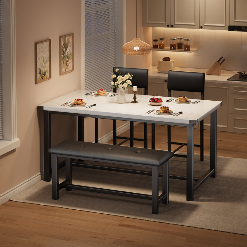 Ensemble de table de salle à manger 4 pièces blanc, table de cuisine avec banc rembourré et chaises, mobilier de salle à manger peu encombrant pour petits appartements