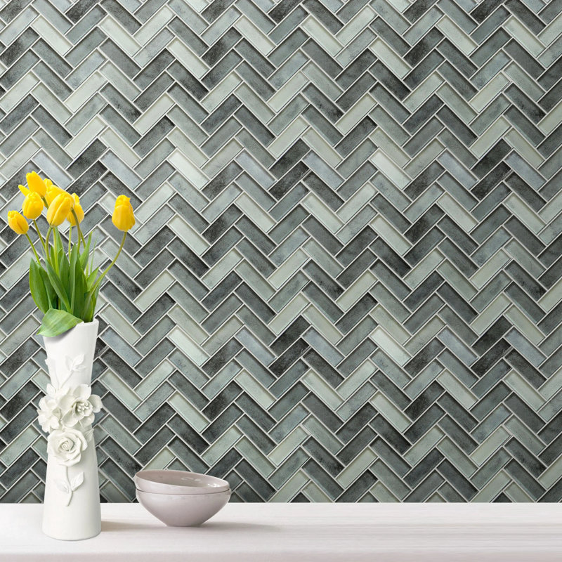 Carreau de mosaïque murale en verre à chevrons gris 11 po x 13 po Misty (0,95 pi2 / pièce)