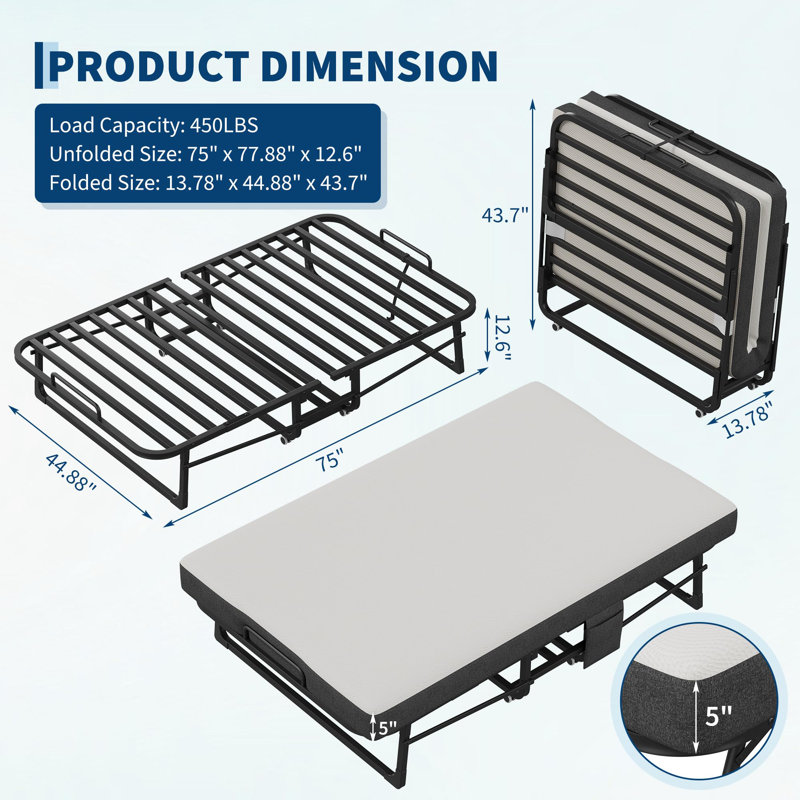 Matelas pliant portatif 75 po x 45 po en mousse à mémoire de forme, structure en métal pour lit d'invité