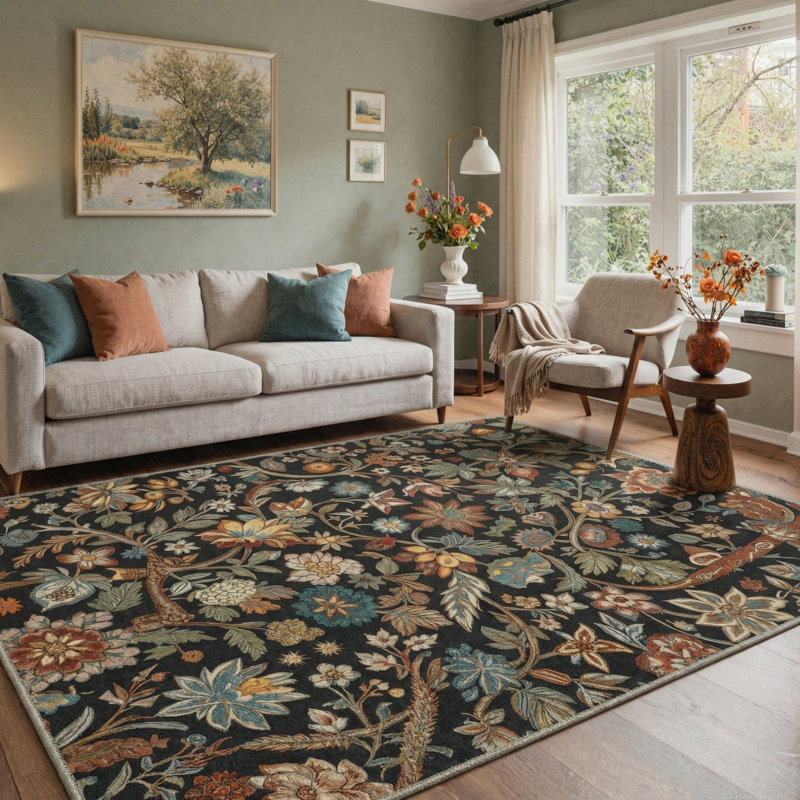 Aazad Floral Machine Washable Black / Green Indoor Area Rug with Non-Slip Backing, Rectangle 9' x 12'