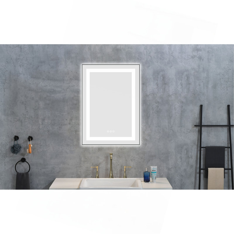 Miroir de salle de bain à DEL avec façade et rétroéclairage, miroir de meuble-lavabo mural avec cadre en aluminium, antibuée, mémoire, 3 couleurs, gradation continue