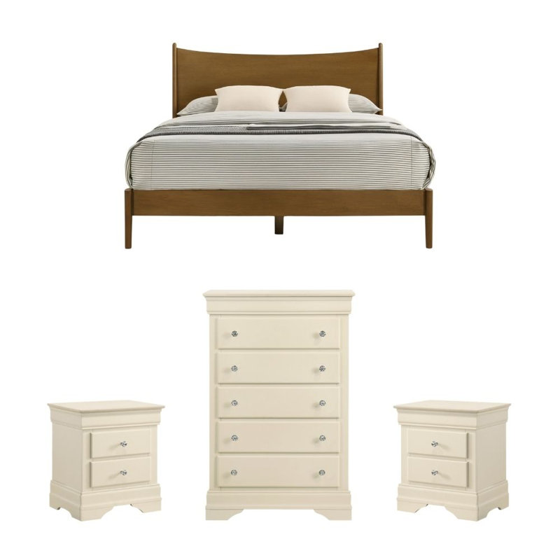 Barvelle Solid Wood 4 Pieces Bedroom Set, 4 Pcs: Bed, Chest, 2 Nightstand, Ivory/Walnut