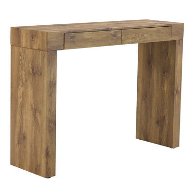 Élégante table de bar en grain de bois naturel de 50 pouces de long, un choix pratique pour les maisons modernes. Autocollant texturé en grain de bois, équipé de deux tiroirs. Servant de table de bar ou de bureau.