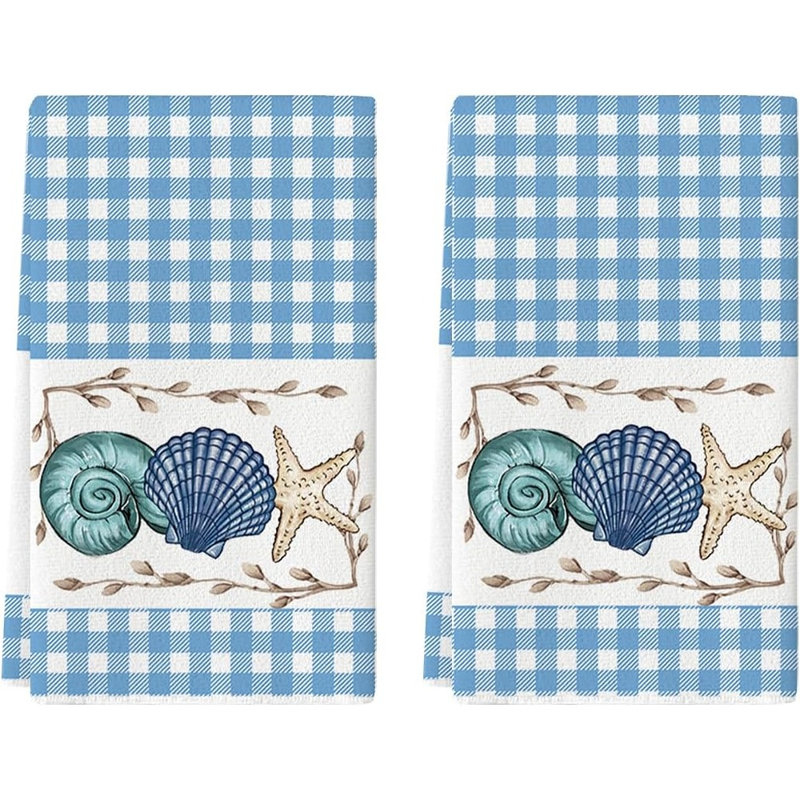 Ensemble de 2 serviettes de cuisine à carreaux bleus à motif d'étoiles de mer