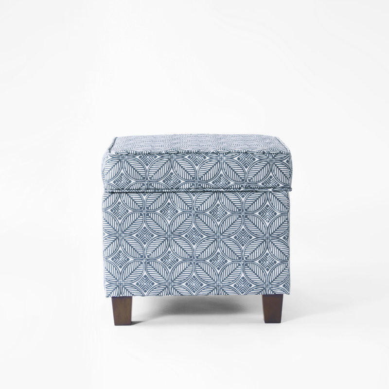 Asha 17.5" Square Storage Ottoman, Indigo Print