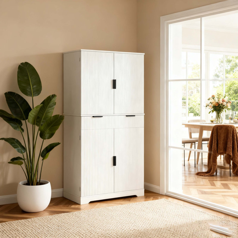 Armoire de cuisine 72 "cannelée avec 3 tiroirs à clavier et 6 tablettes de porte. Armoire de rangement réglable et autoportante pour salle de bain, salle à manger, bureau, entrée, blanc