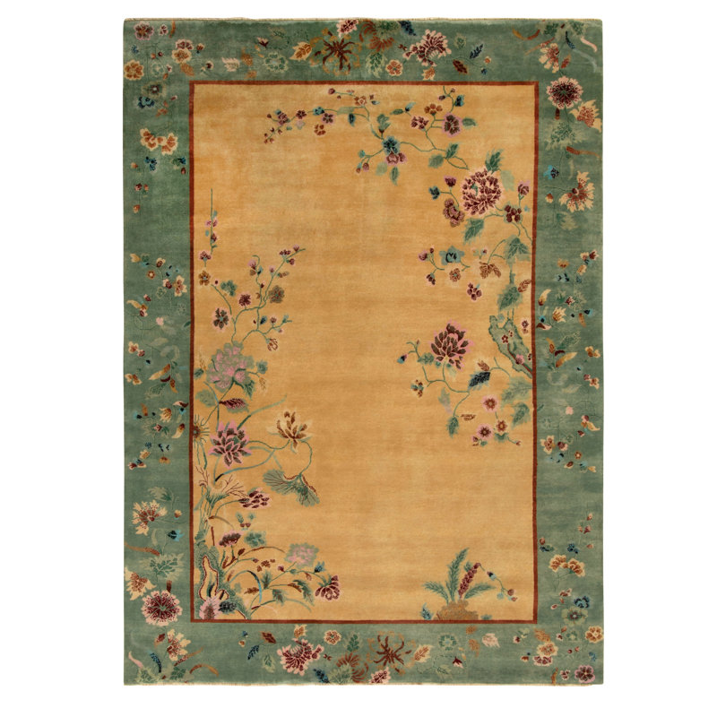 Rug & Kilim’S Chinese Style Art Deco Rug In Green And Beige-Gold Floral Pattern, Rectangle 13' x 19'
