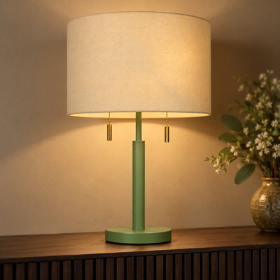 Lampe de table moderne à 2 lumières 24 po avec base en métal vert sauge et abat-jour tambour en lin, lampe de chevet pour chambre à coucher pour salon, table de bout et console