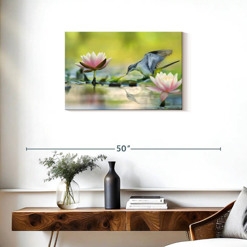 Bruyère lotus et oiseau gris, H 20 po x l 30 po