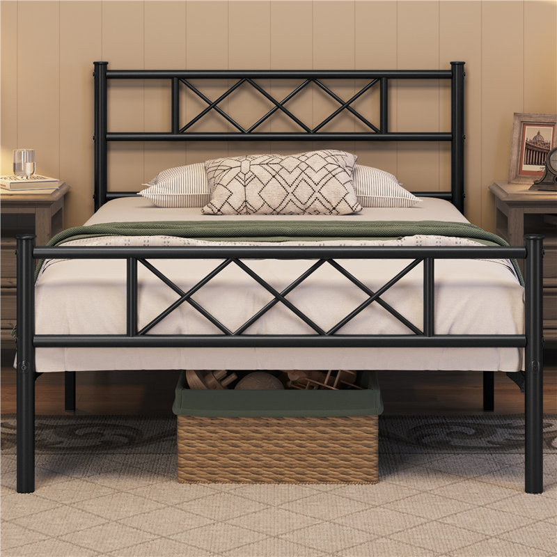 Modern Metal Bed Frame with Cross-design Headboard & Footboard, Black, Single (3')