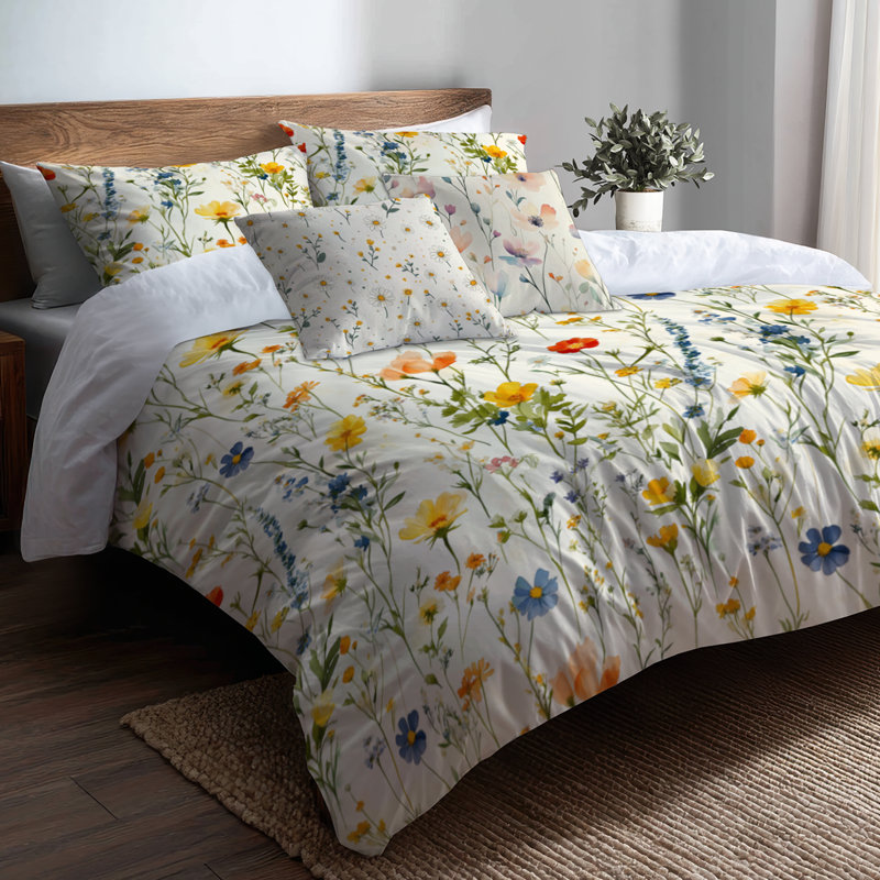 Ensemble de literie à motif floral 6 pièces - édredon jaune Cottage Meadow Notes, King Comforter + 5 Additional Pieces