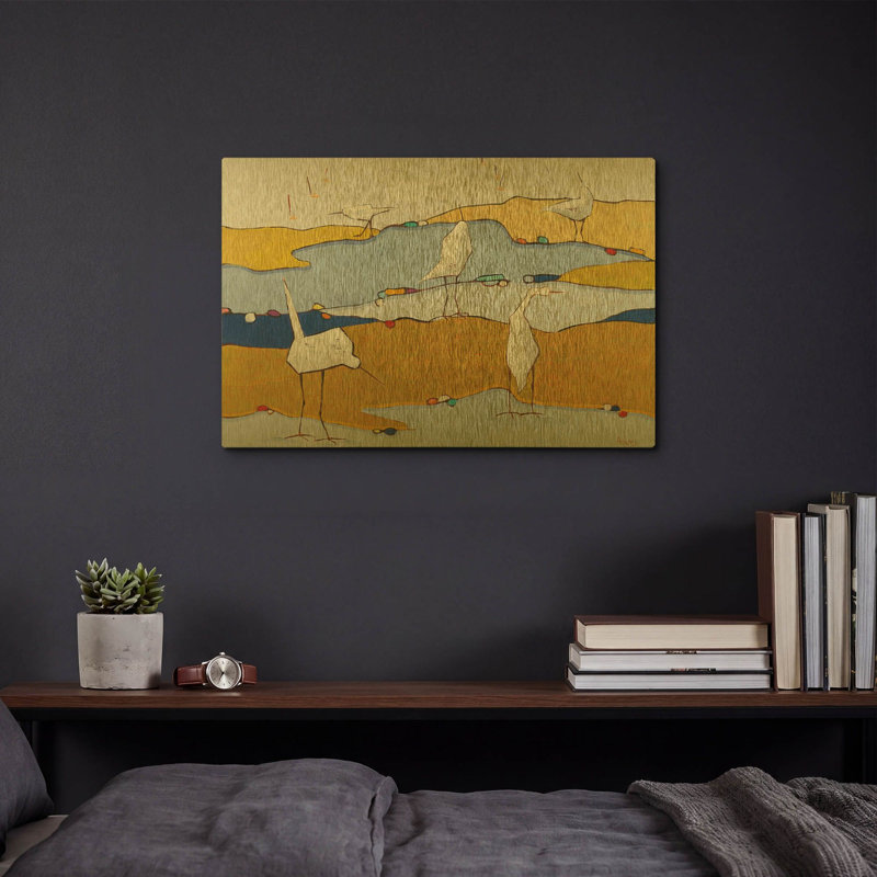 «Marsh Egrets VI Dark Sand» par Phyllis Adams, art mural en métal doré, 16 po x 12 po, 16 po x 12 po