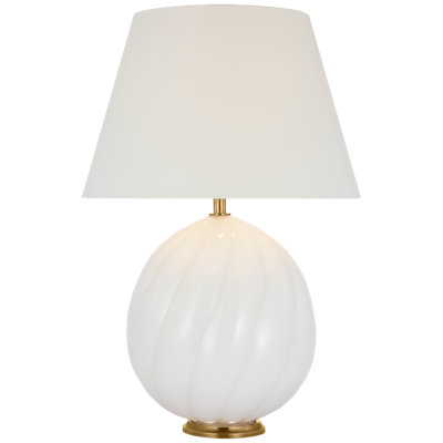 Talia Medium Cordless Table Lamp in White Glass with Linen Shade