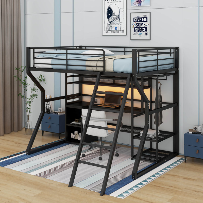 Full Size Metal Gaming Loft Bed With Work Station, Wardrobe, LED And Multiple Storage