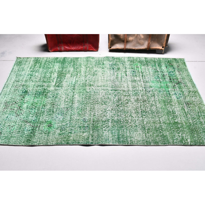 Tapis turc de style rétro tissé à la main en vert pour une utilisation intérieure et décorative avec des motifs de tapis traditionnels anatoliens