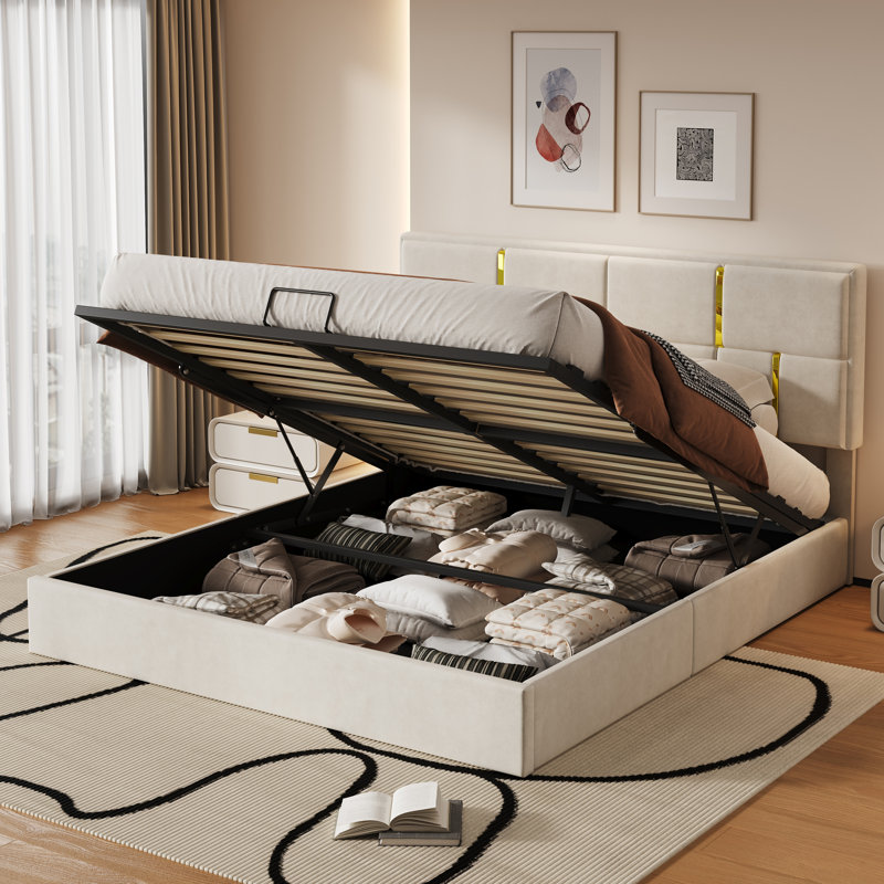 Lit plateforme tapissier avec système de rangement hydraulique, aucun sommier nécessaire, Beige