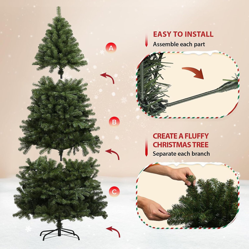 Sapin de Noël artificiel de 1,80 m (6 pieds) en pin de qualité supérieure, non illuminé, avec support pliable
