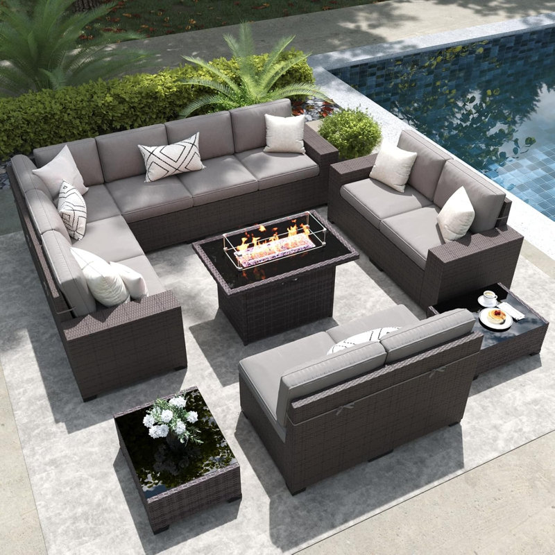 13 Pieces Outdoor Patio Furniture Set with 44" Fire Pit Table Brown Rattan Sectional Sofa Conversation Sets, Light Grey