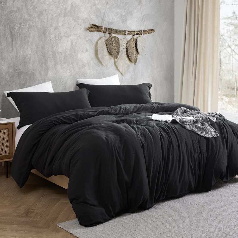 Natural Loft Prewashed Microfiber Duvet Cover Set, Black, Queen Duver Cover + 2 King Shams