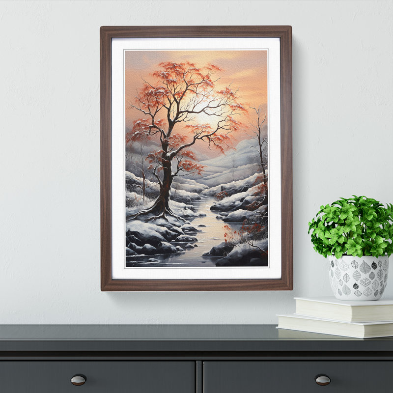 Winter Landscape Symbolism - Single Picture Frame Print on Wood, Walnut, 64cm H x 46cm W x 2cm D