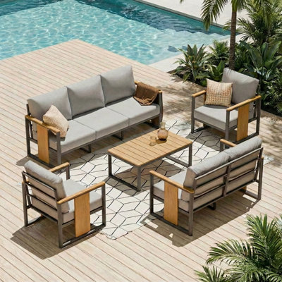 Ensemble de conversation de patio 5 pièces en aluminium et teck avec coussins gris, ensemble de conversation toutes saisons avec table basse pour la cour, la piscine et la terrasse